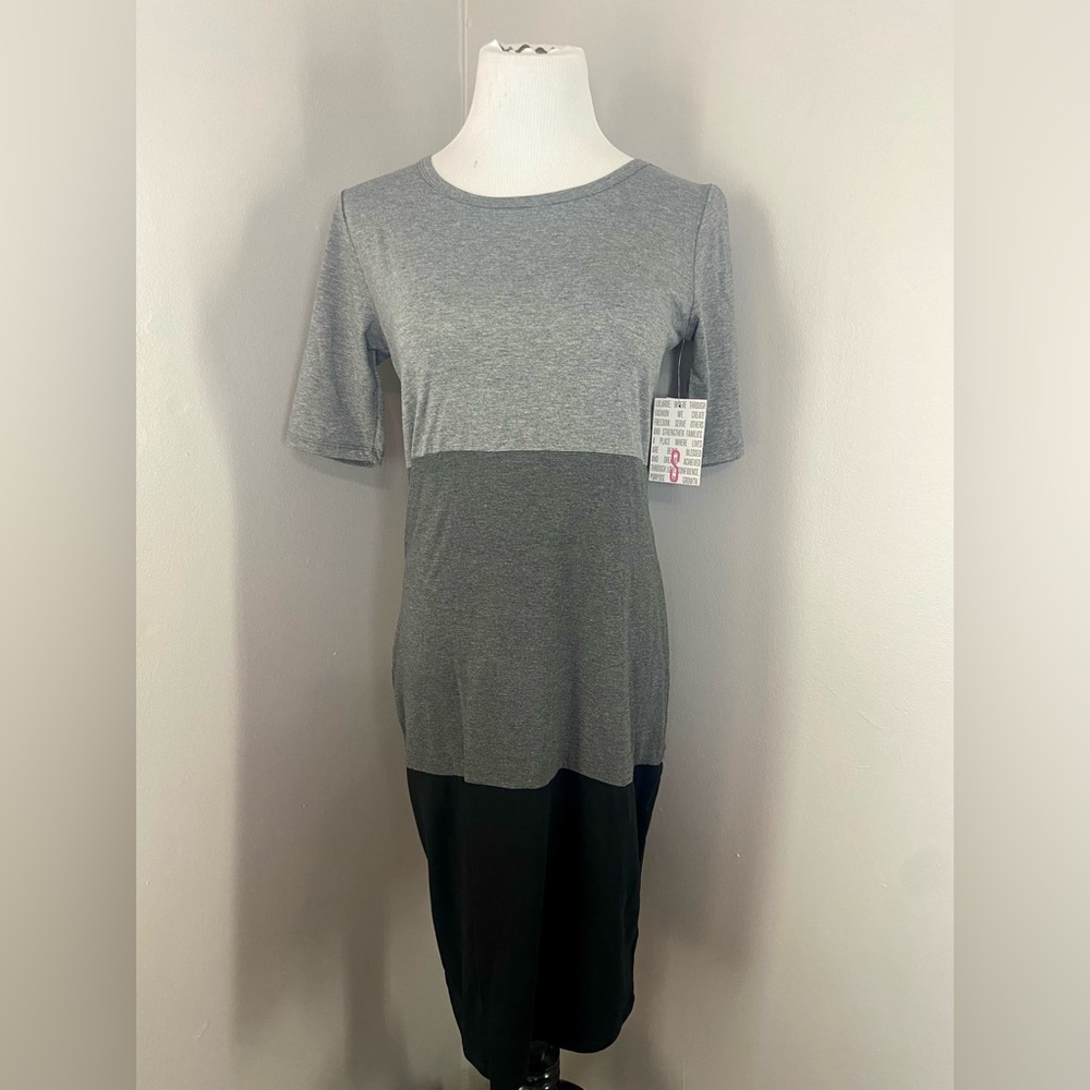 LuLaRoe Julia Dress Gray and Black Color Block Midi Form Fitting